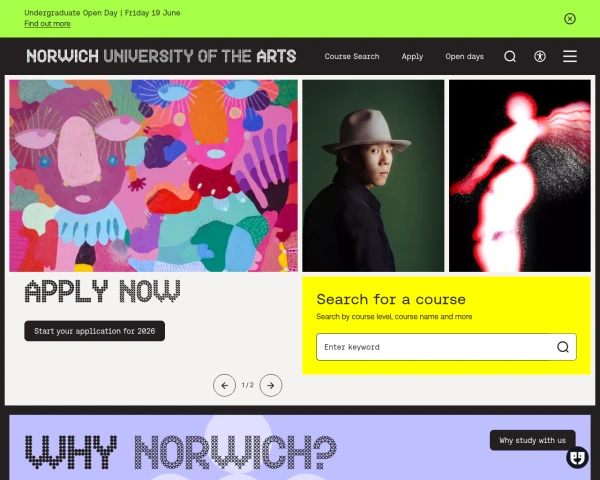 screenshot of Norwich University of the Arts website