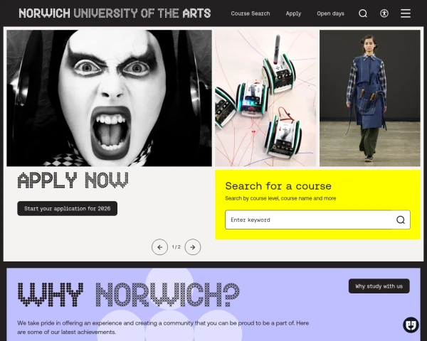 screenshot of Norwich University of the Arts website