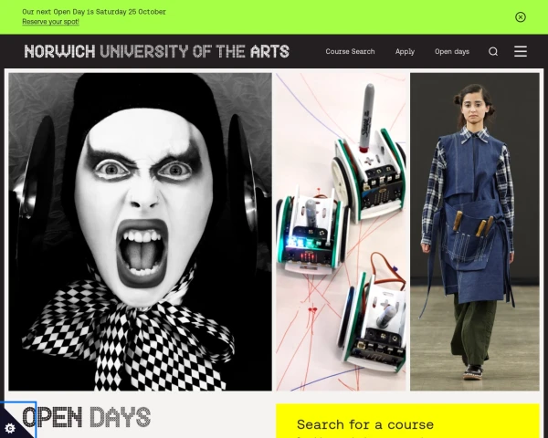 screenshot of Norwich University of the Arts website