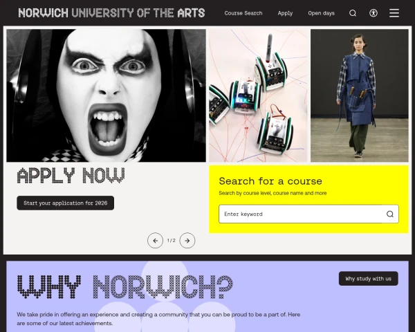 screenshot of Norwich University of the Arts website