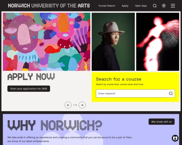 screenshot of Norwich University of the Arts website