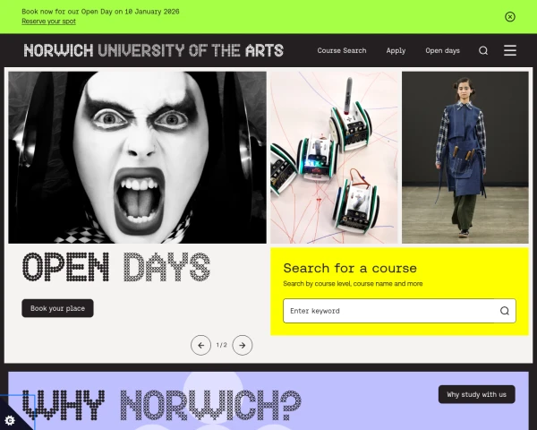 screenshot of Norwich University of the Arts website