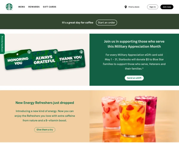 screenshot of Starbucks Corp. website