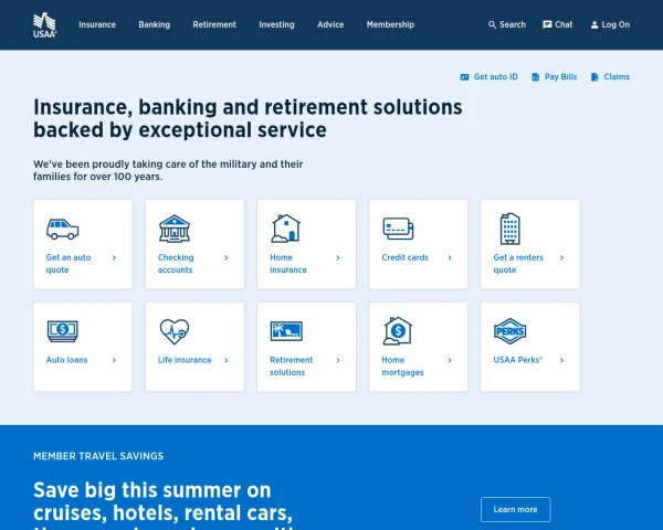screenshot of USAA website
