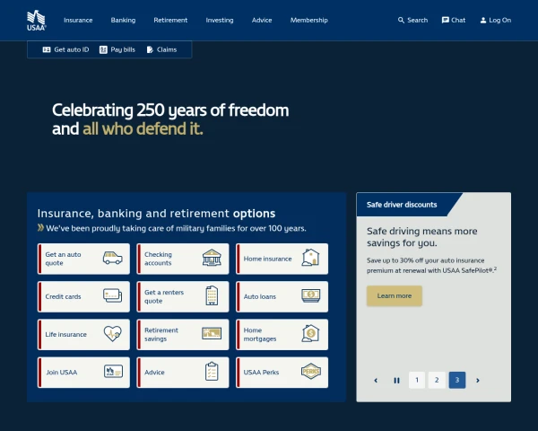 screenshot of USAA website