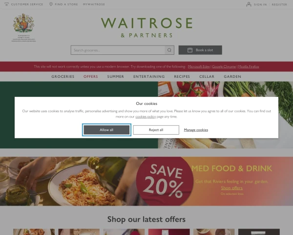 screenshot of Waitrose website