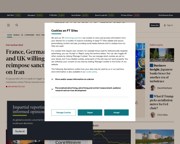 screenshot of Financial Times website