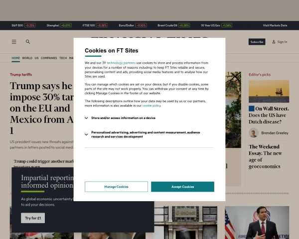 screenshot of Financial Times website