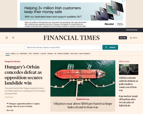 screenshot of Financial Times website