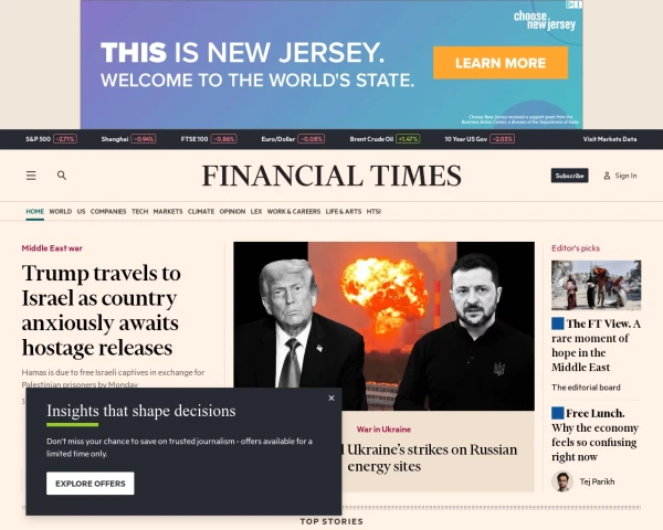 screenshot of Financial Times website