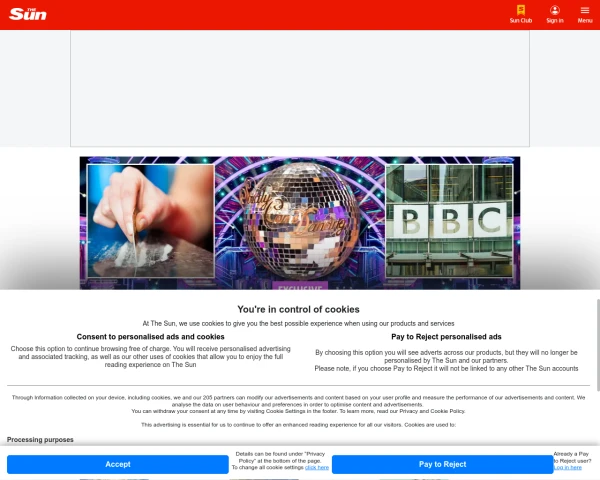 screenshot of The Sun website