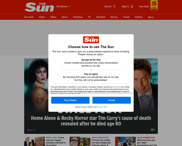 screenshot of The Sun website