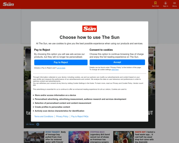 screenshot of The Sun website
