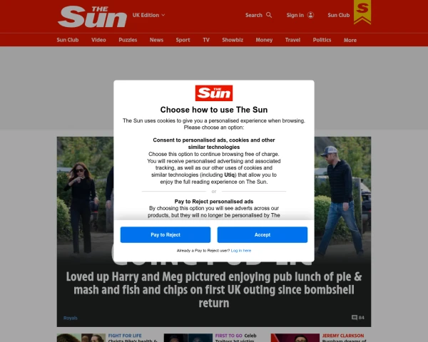screenshot of The Sun website