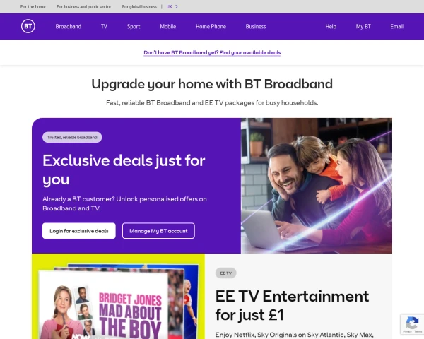 screenshot of BT TV website
