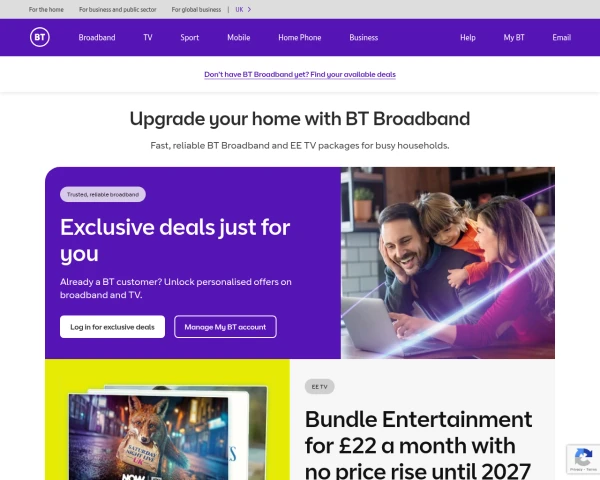 screenshot of BT TV website