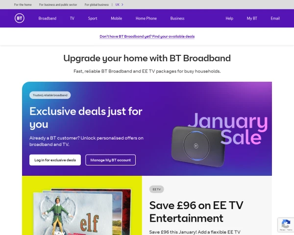 screenshot of BT TV website