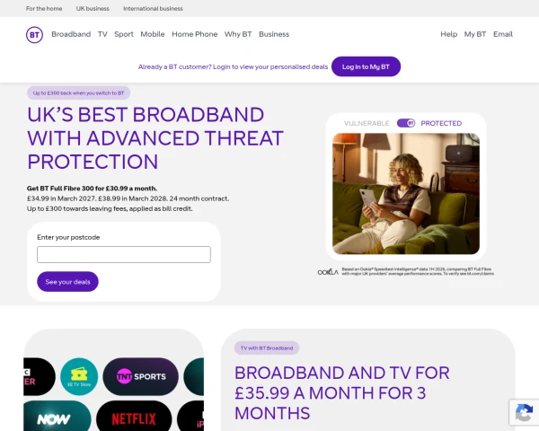 screenshot of BT TV website