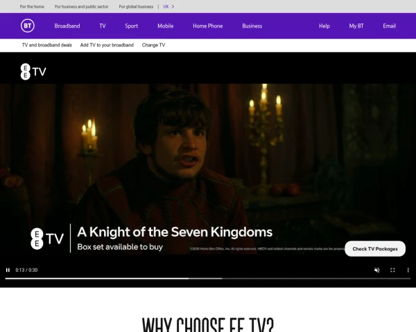 screenshot of BT TV website