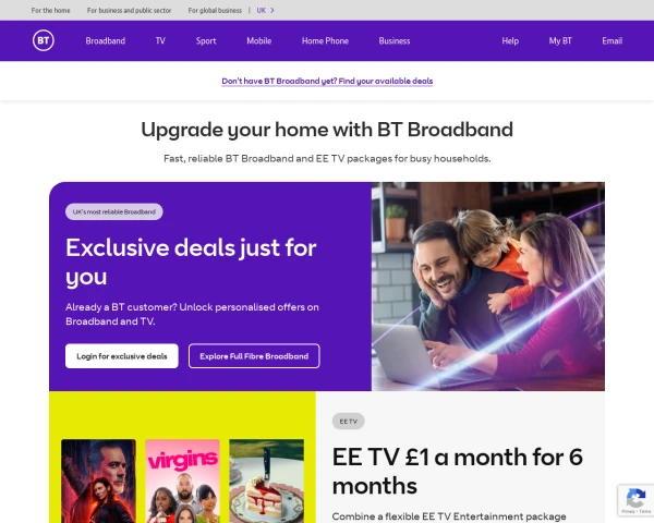 screenshot of BT TV website