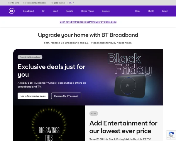 screenshot of BT TV website