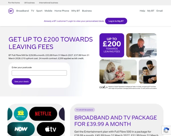 screenshot of BT TV website