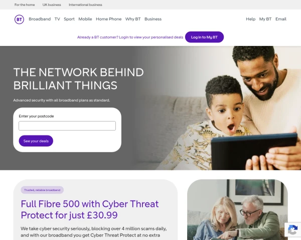 screenshot of BT TV website