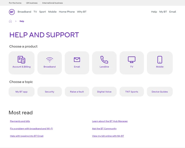 screenshot of BT TV website