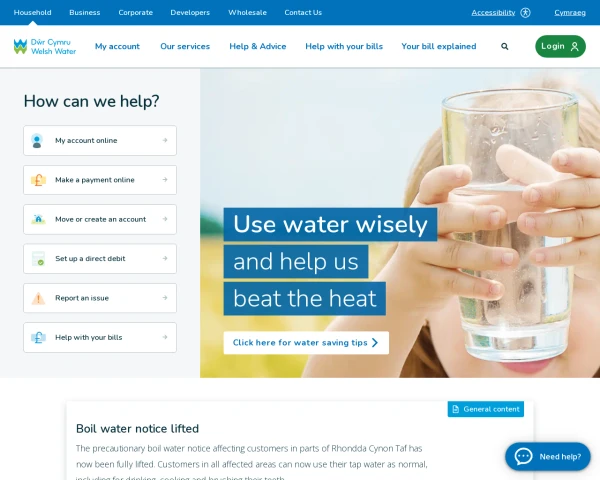 screenshot of Dwr Cymru Welsh Water website