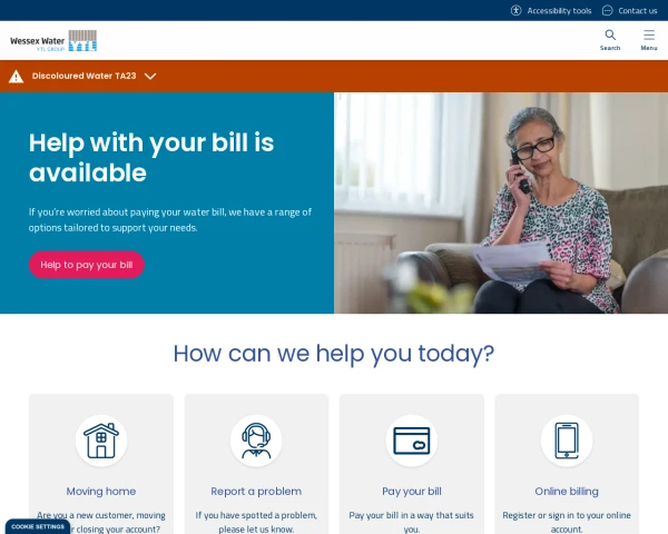 screenshot of Wessex Water website