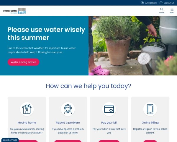 screenshot of Wessex Water website