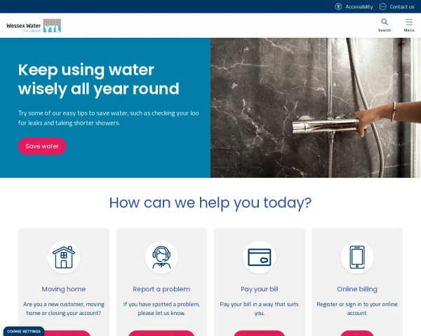screenshot of Wessex Water website