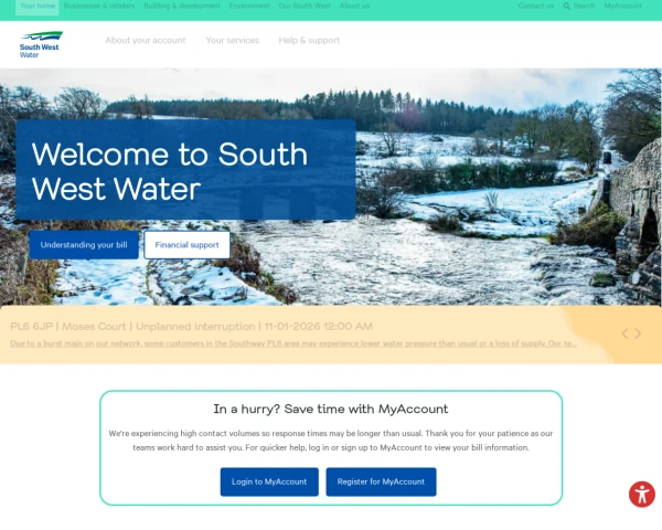 screenshot of South West Water website