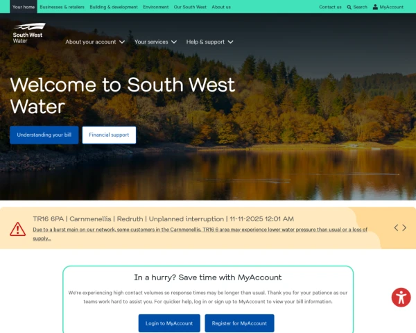 screenshot of South West Water website