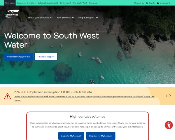 screenshot of South West Water website