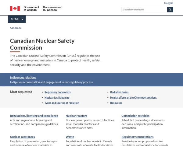 screenshot of Canadian Nuclear Safety Commission website