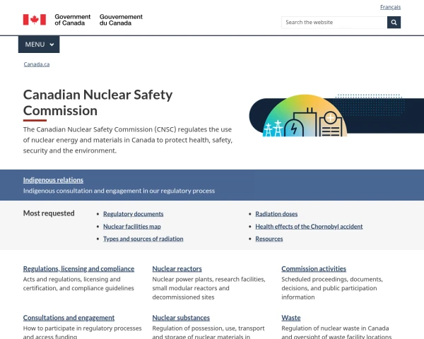 screenshot of Canadian Nuclear Safety Commission website