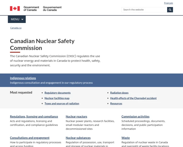 screenshot of Canadian Nuclear Safety Commission website
