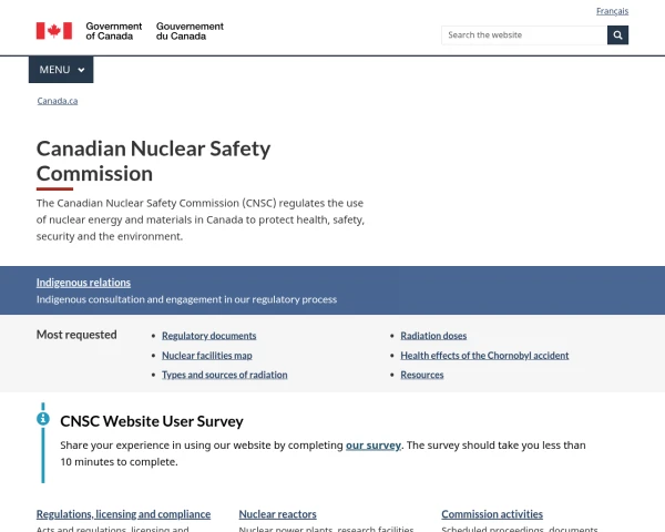 screenshot of Canadian Nuclear Safety Commission website