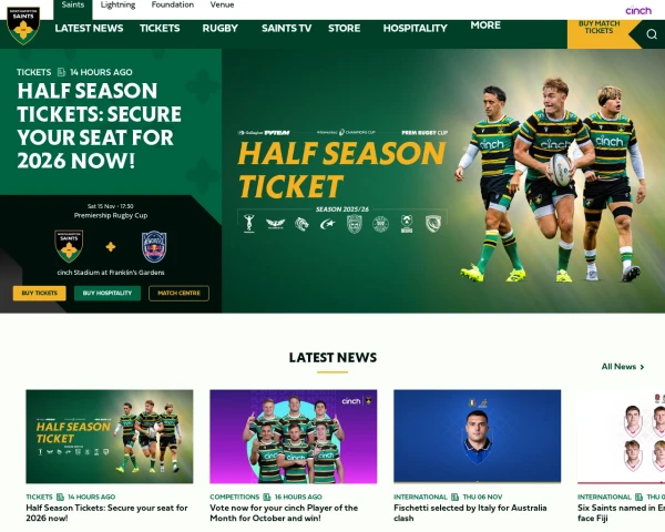 screenshot of Northampton Saints website