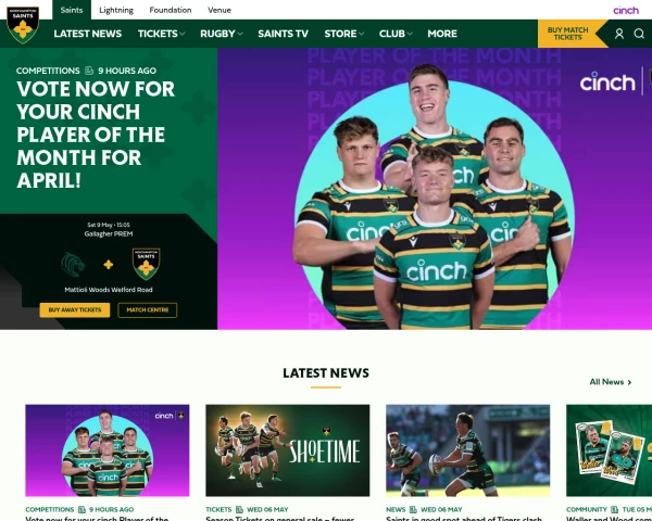screenshot of Northampton Saints website
