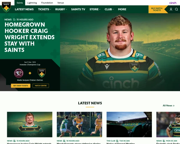 screenshot of Northampton Saints website