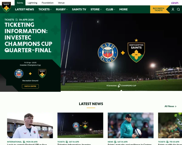 screenshot of Northampton Saints website