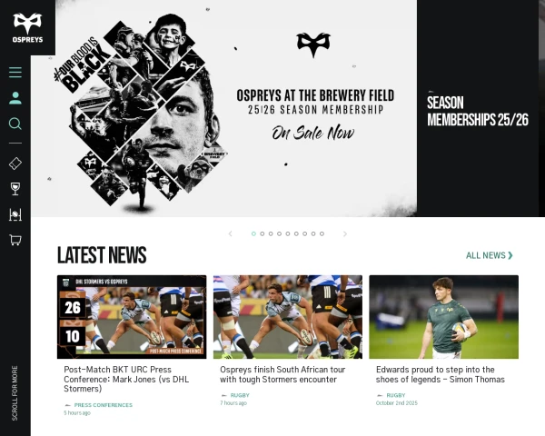 screenshot of Ospreys Rugby website