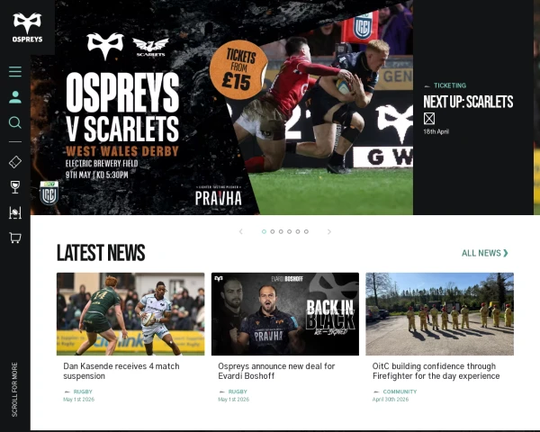screenshot of Ospreys Rugby website