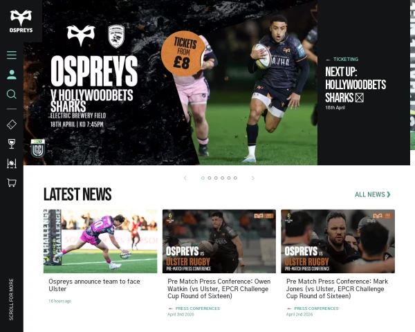 screenshot of Ospreys Rugby website