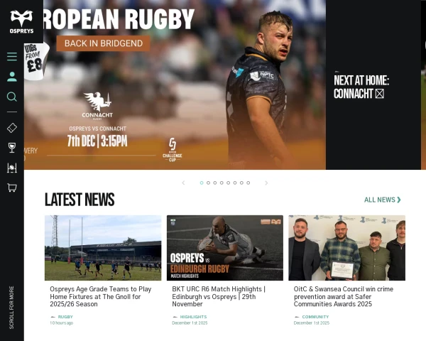 screenshot of Ospreys Rugby website