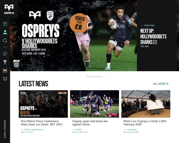 screenshot of Ospreys Rugby website