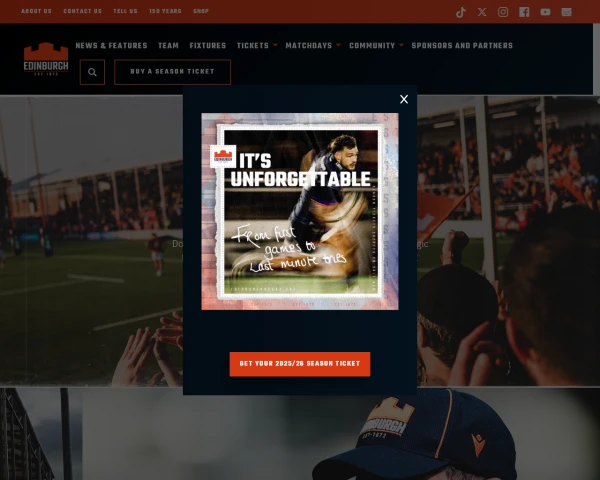 screenshot of Edinburgh Rugby website