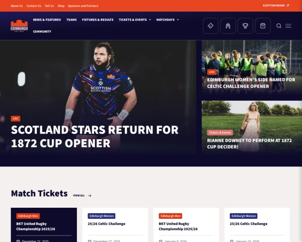 screenshot of Edinburgh Rugby website
